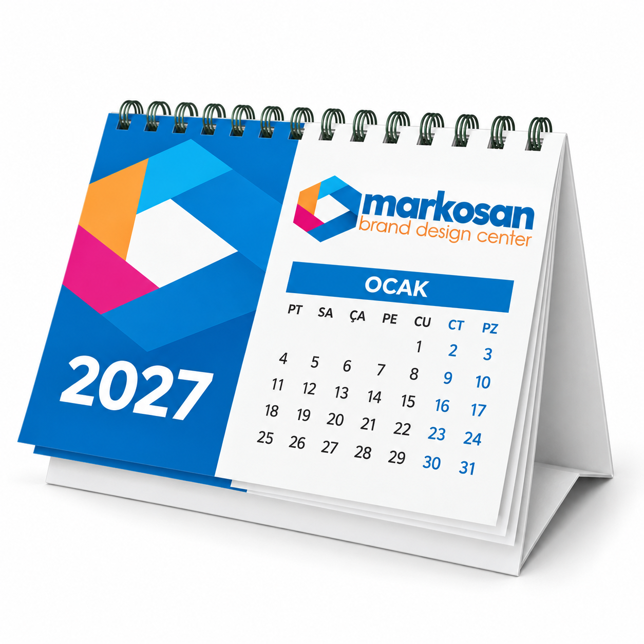 Markosan logolu, kurumsal renklerde spiral masaüstü promosyon takvim örneği